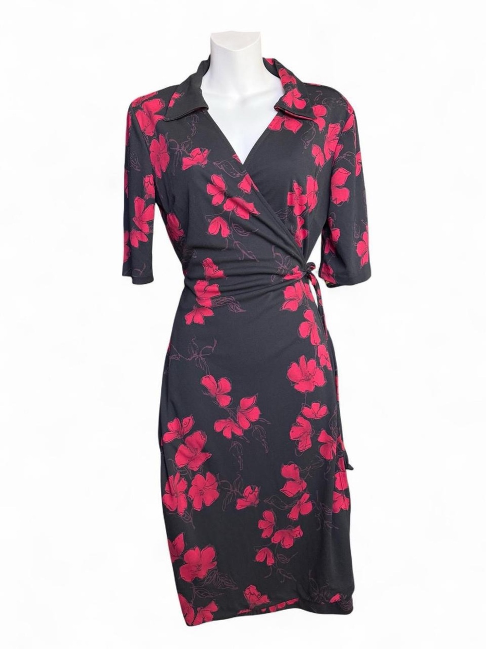 Flattering Black Wrap Midi Dress with Pink Floral Print